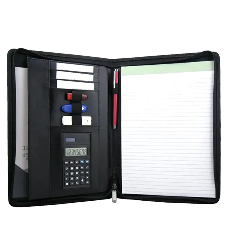 ModernQiu High Quality Custom A4 size Black Color Business Interview Leather Professional Zippered Padfolio for Women Men