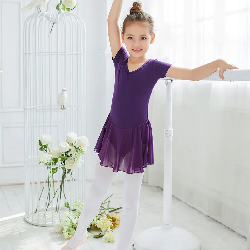 B8085 Girls Ballet Dress High Quality Stage Back Bow Short Sleeve Cotton Ballet Dance Skirt Training Dancewear