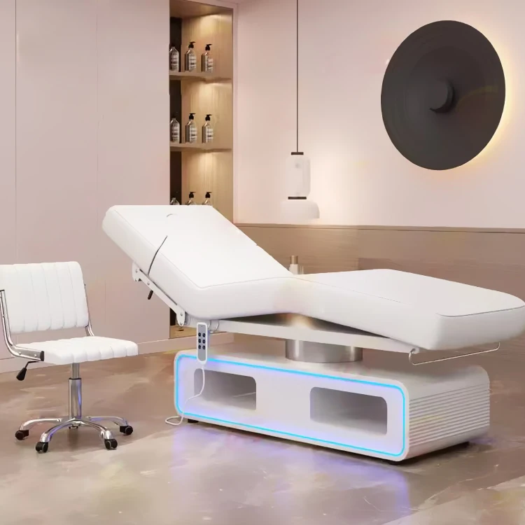 Unique design adjustable white beauty salon facial treatment bed 3 motors electric massage beds for salon with lights