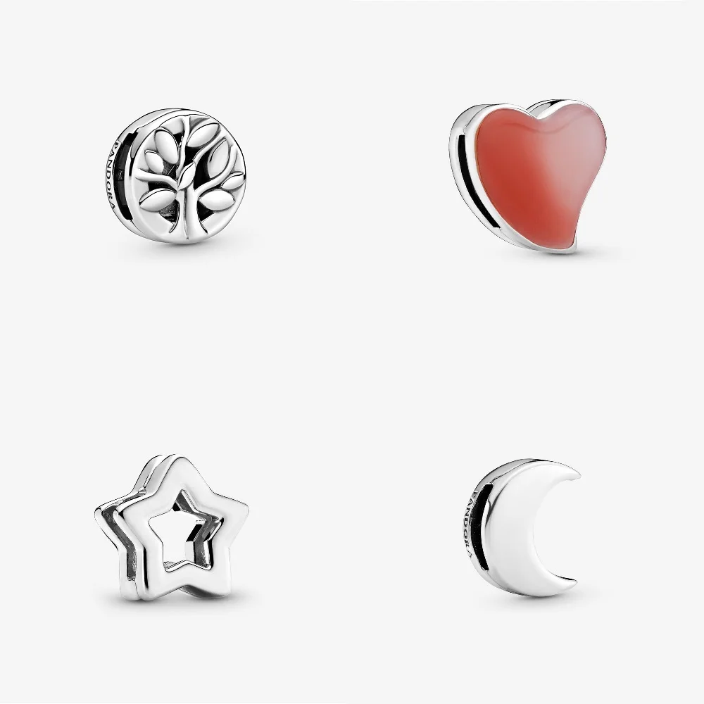
925 Sterling Silver Bead Crescent Moon Star Heart Family Tree Clip Charm Fit Weave Flat Mesh Bracelet Pandora Jewelry DIY 