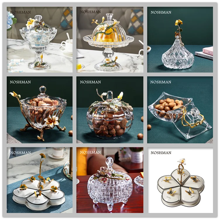 NOSHMAN Wholesale Best Gift Handmade painted Flower Lid Household Goods Sugar Nut Bowl Enamel Crystal Glass Candy Jar