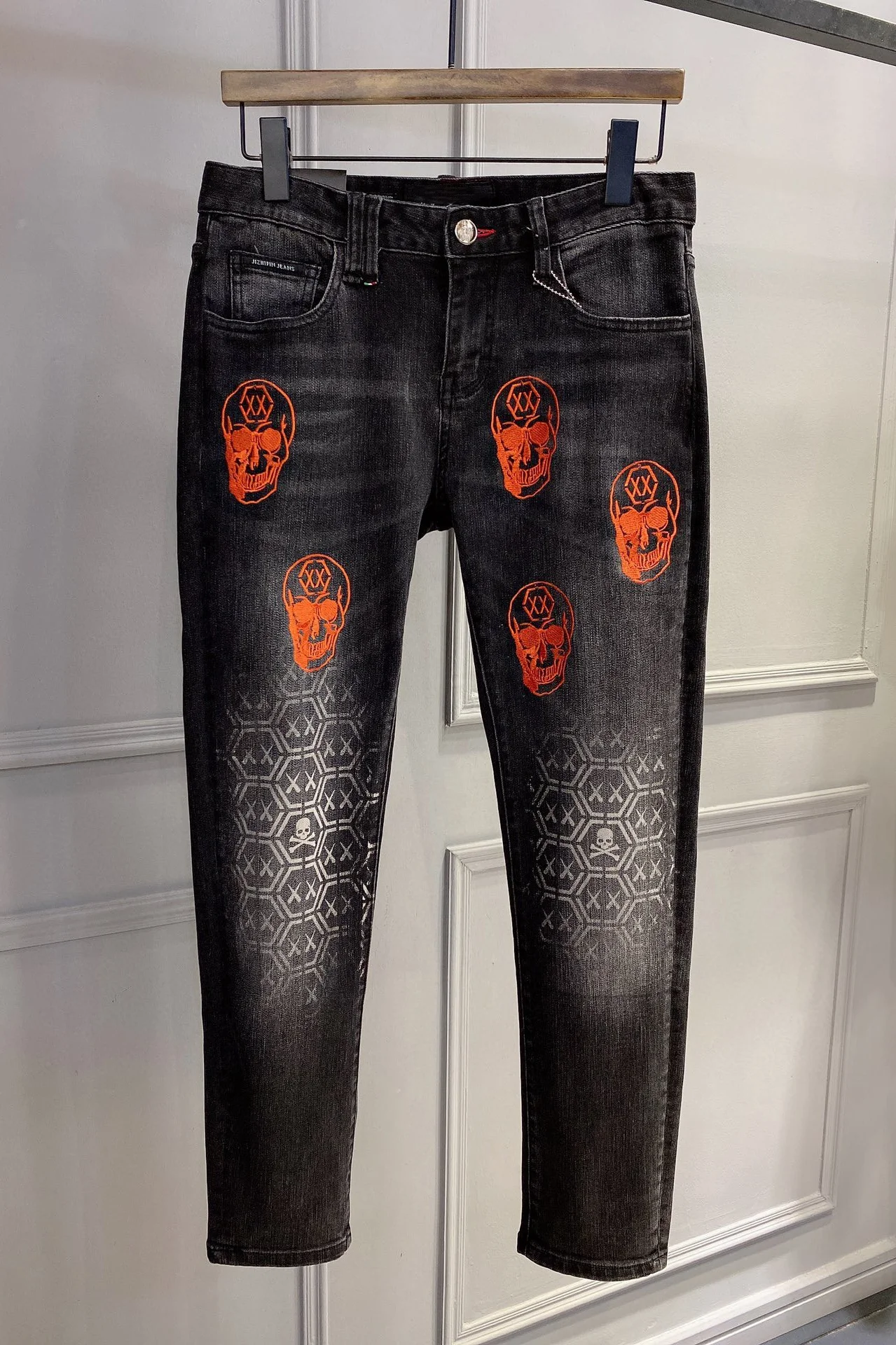 SKYKINGDOM new design fashionable jeans for men human skeleton printed high quality mens jeans casual black skinny jeans