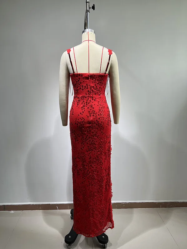 A8678 Latest Fashion Style Suspenders Red Lace Evening Dresses Sleeveless High Split Party Dresses Women Maix Dress