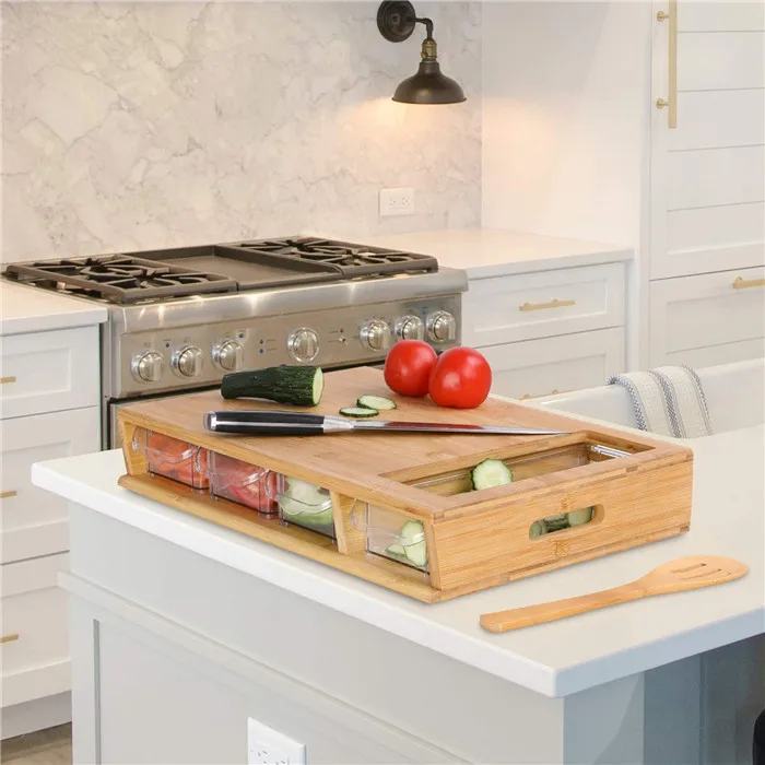 maoyuan wood meal prep station, bamboo cutting board with storage trays