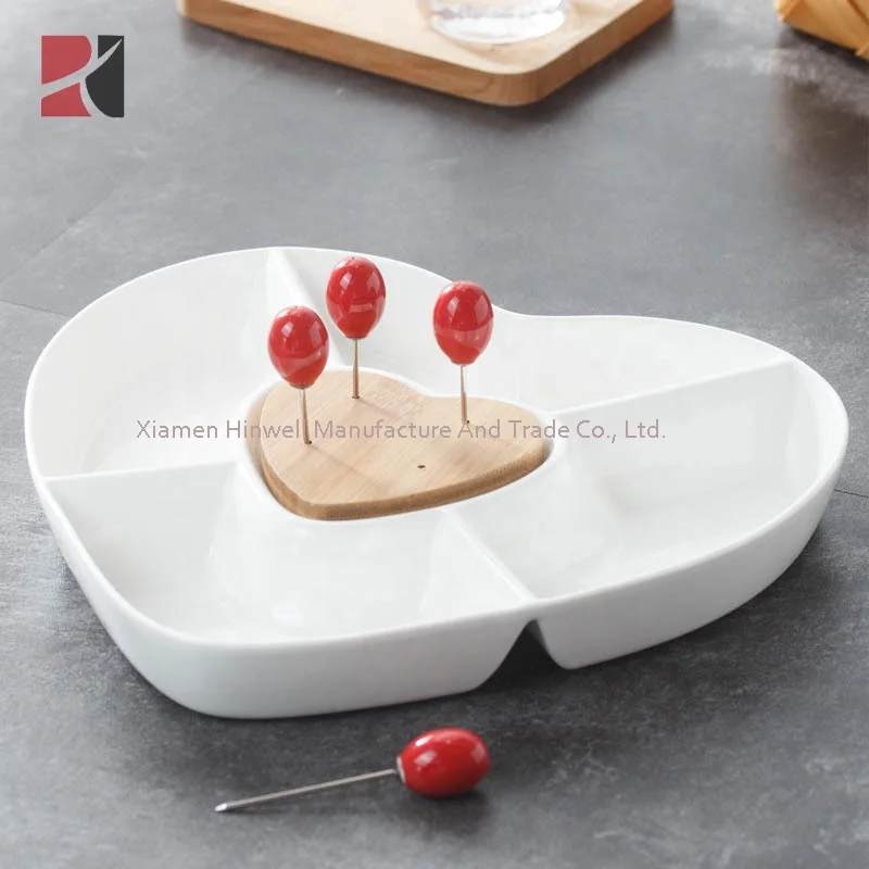 Decorative Wedding White Ceramic Appetizer Serving Platter Tray Nut Fruit Plate with Food Picks and Wood Holder