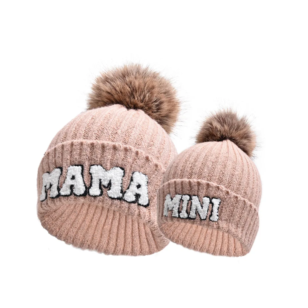 Autumn Winter Children Pompom Caps Mother Baby Hat Mama Mini Knit Hats