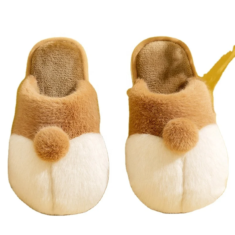 Cute animals autumn and winter plush thermal indoor furry  EVA corgi buttocks cotton slippers