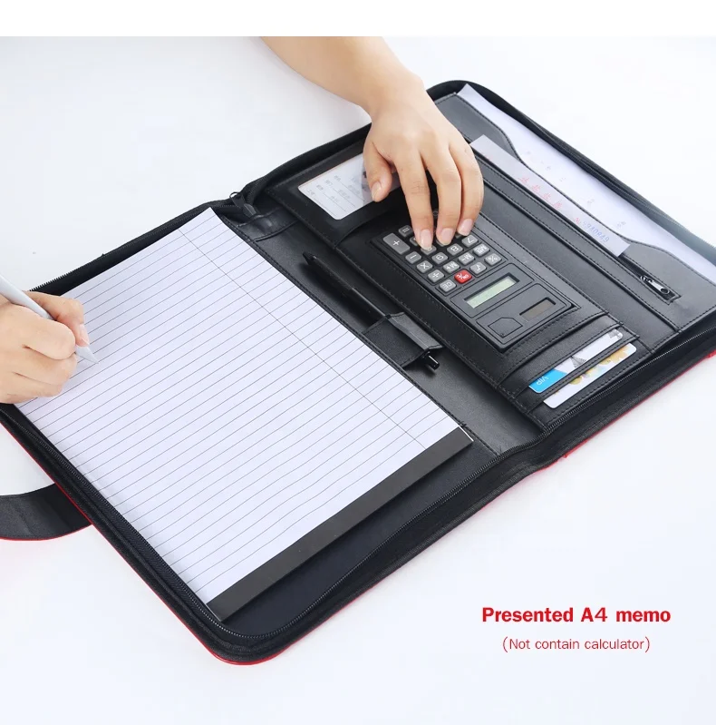 Custom Red PU Leather Snap A4 Document Folder,Padfolio With Calculator for Promotion Gift,Zippered Padfolio For Women Leather