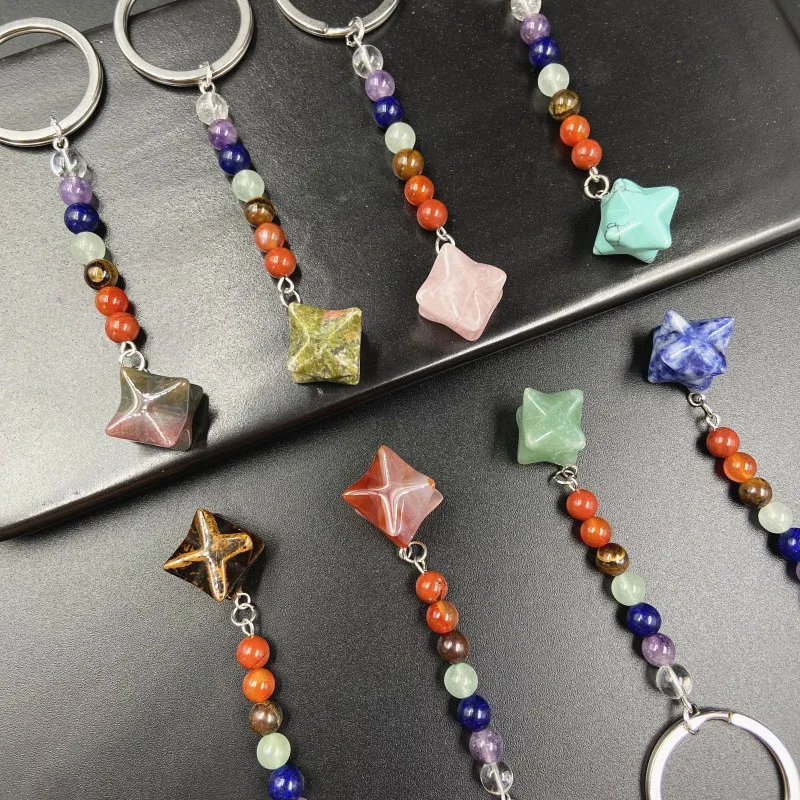 Natural Seven Chakra Stones Key Chain Reiki Crystal Merkaba Key Ring Pendant