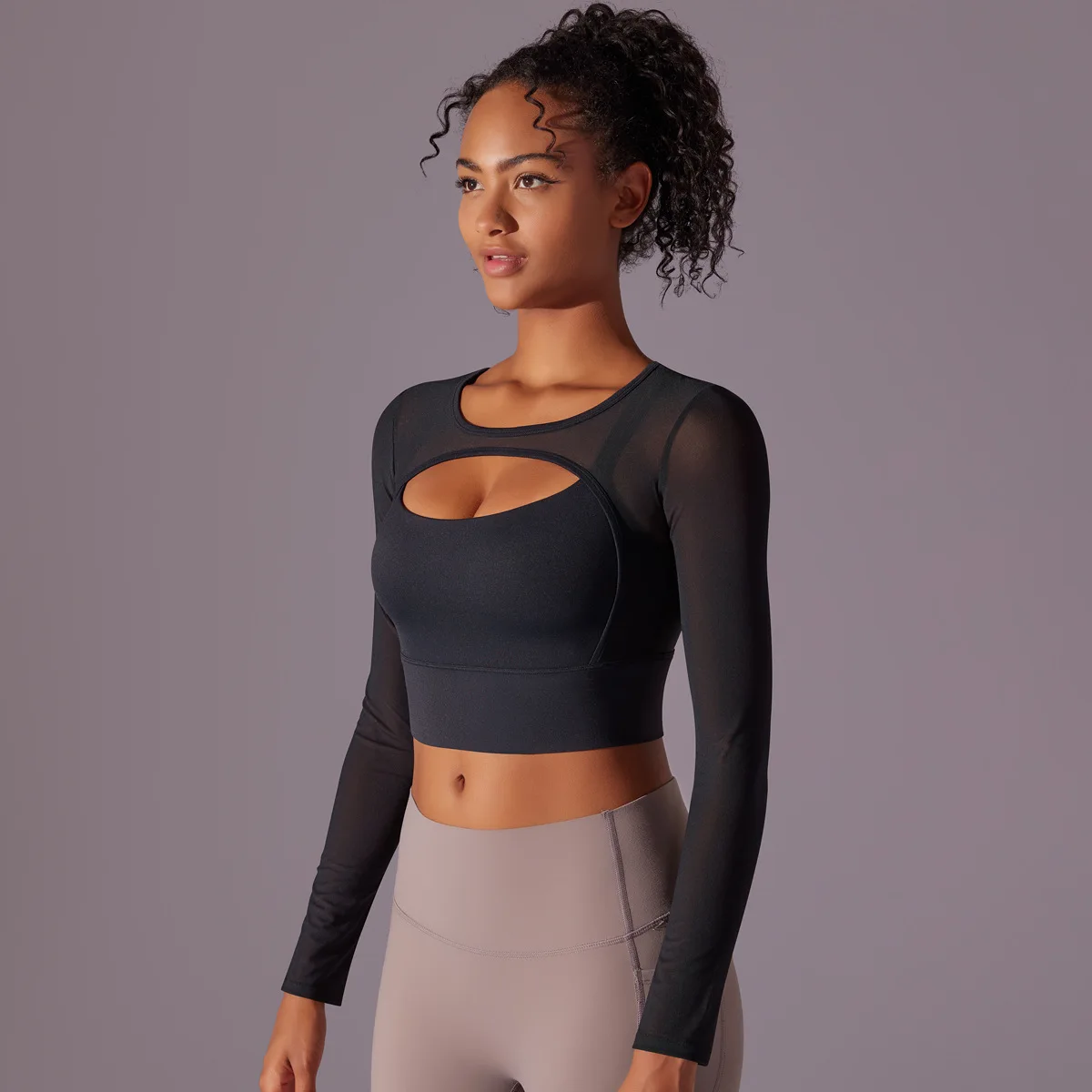 Translucency of gauze Sexy double splice Long sleeves tight stretch exercise fitness yoga clothes