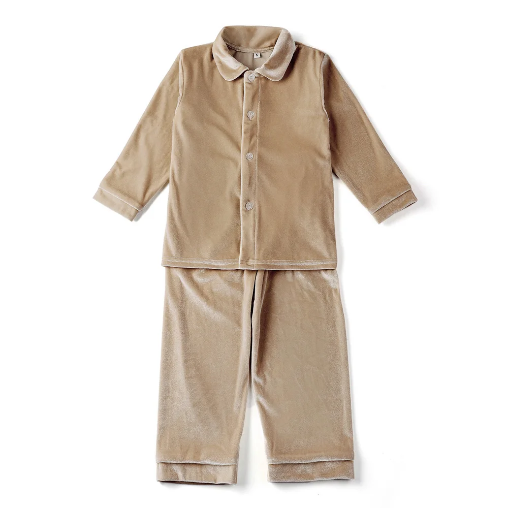 2023 New Fashion Kids Girl Khaki Color Christmas Pyjamas Nightgown Set Winter Sibling Matching Cute Soft Velvet Pajamas