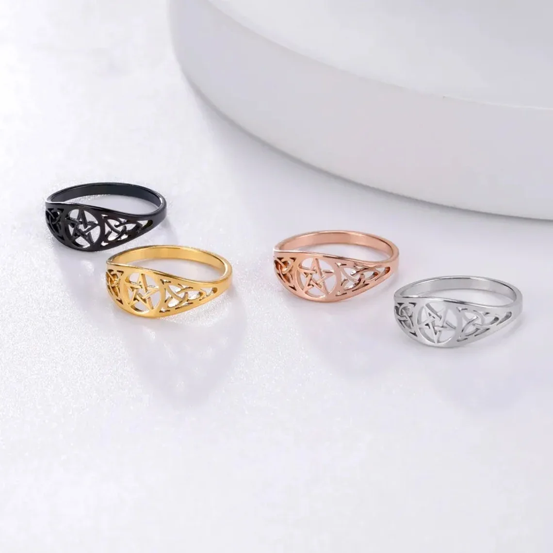 Geometry Jewelry 316l Stainless Steel PVD 18k Gold Plated Pentagram Witch Knot Ring  Wiccan Celtic Irish Pentacle Ring Amulet