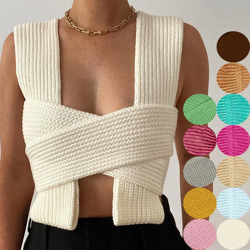 Summer Ladies Custom Women Active Wear Cross Thick Knit Cropped Tops Sexy Knitwear Vest Women Tops