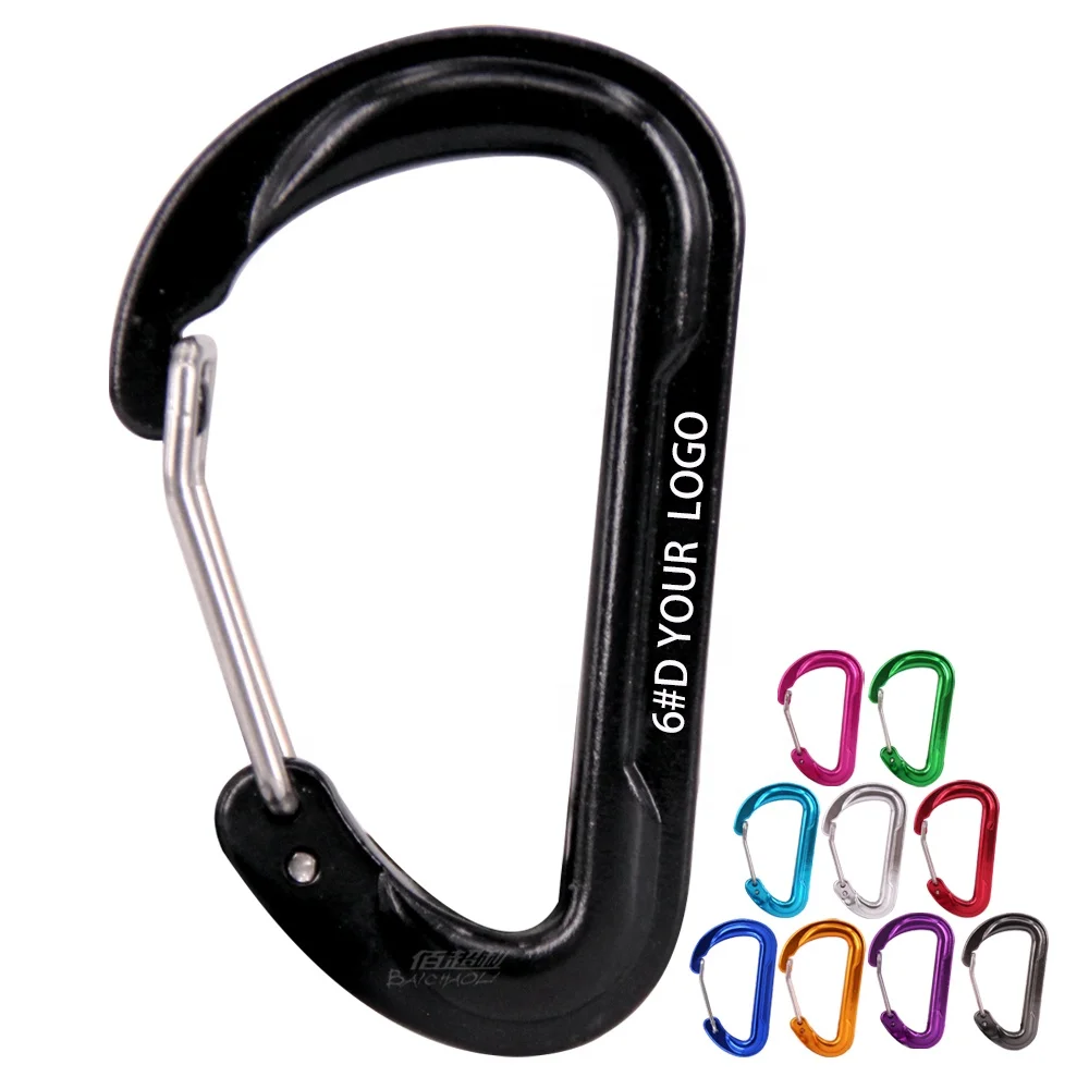 OEM/ODM baichao 6 D shaped small black flat aluminum alloy metal colourful strap holder spring steel wire clip hooks caribeaner