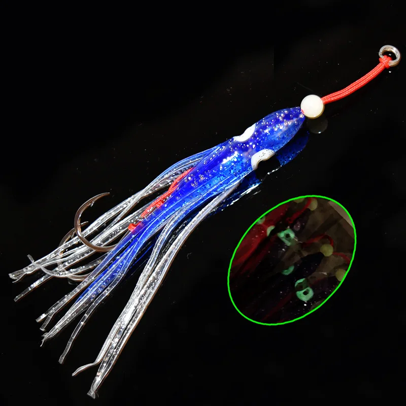 New arrival 120mm soft Fishing trolling Rubber Luminous Octopus Skirt sea fishing Glow Squid Skirt Lure with double hooks