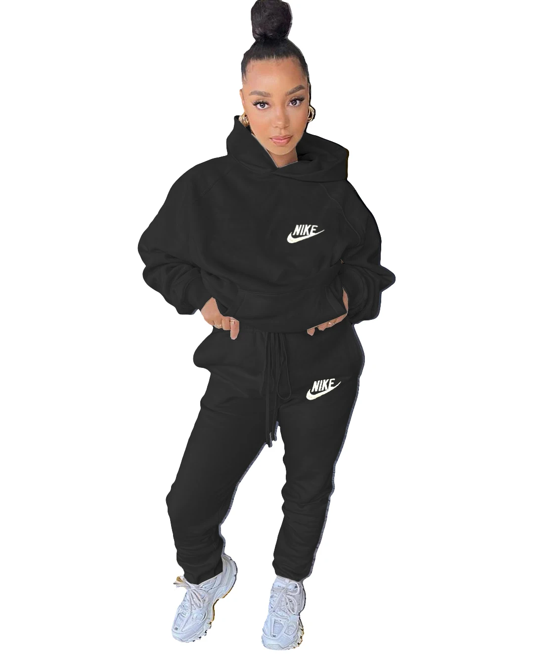 Trending Fall Women Casual Solid Color Nike 2 Piece Set Pullover Sport Jogging Embroidery Sweatsuit Hooded Tracksuit For women
