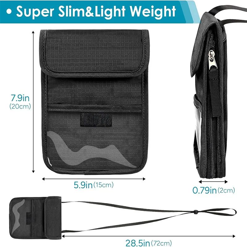 Custom Waterproof Large Capacity Family Rfid Travel Zipper Passport Card Badge Holder Accessories PVC Neck Wallet Bag