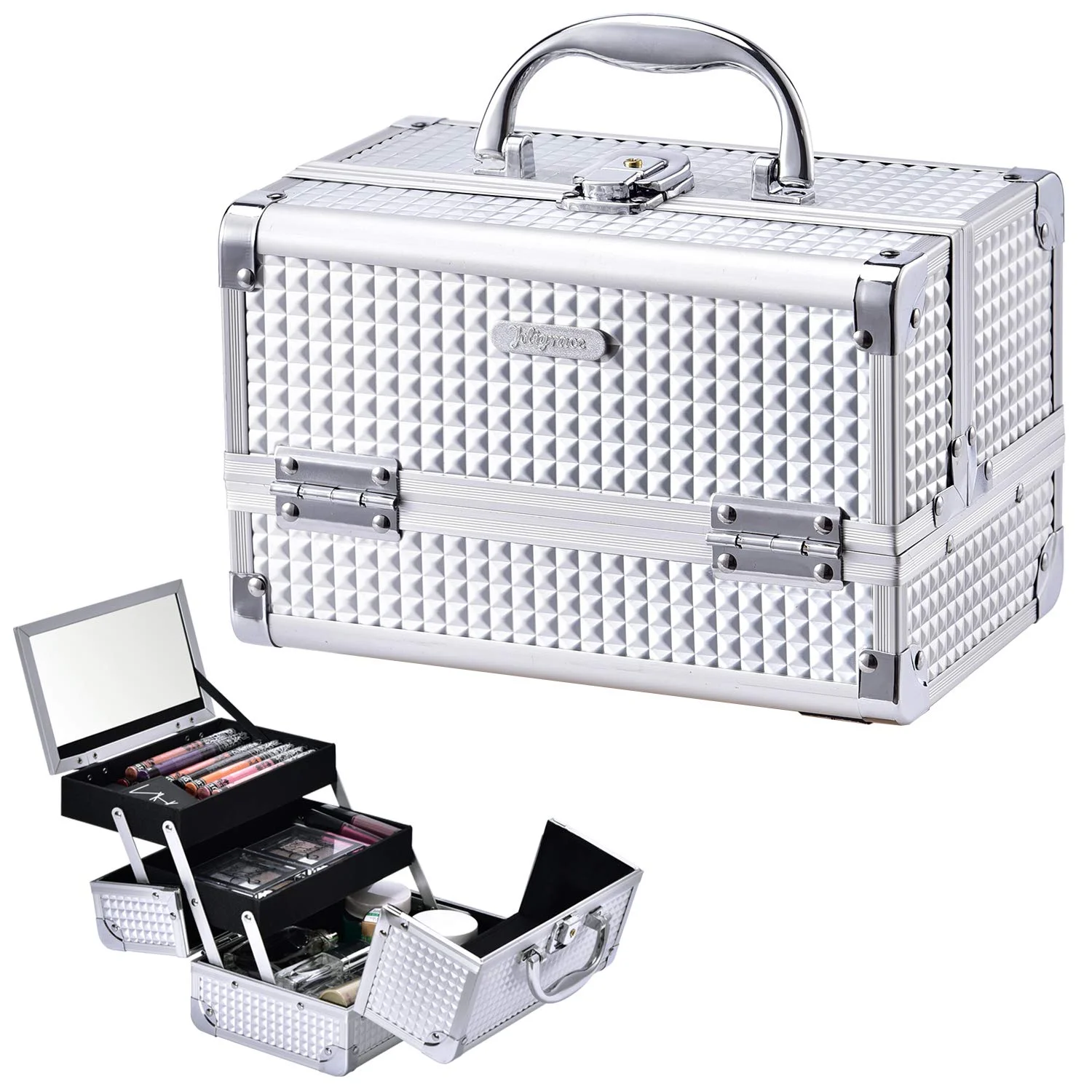 Makeup Box Cosmetic Train Case Jewelry Organizer Lockable with Keys and Mirror 2-Tier Tray Portable Carrying Travel Storage Box