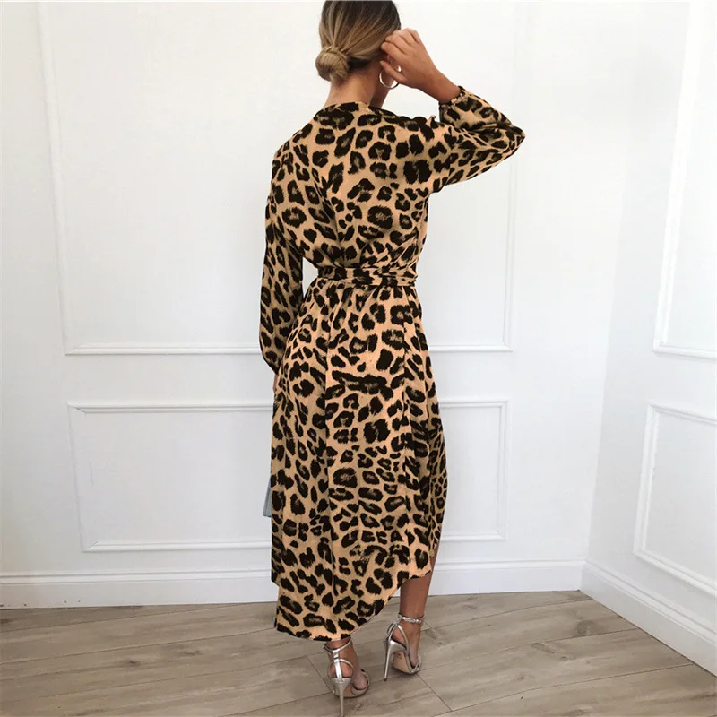 High quality new product leopard V-neck women winter dresses 2023 Irregular high-rise tie body lepord print dress