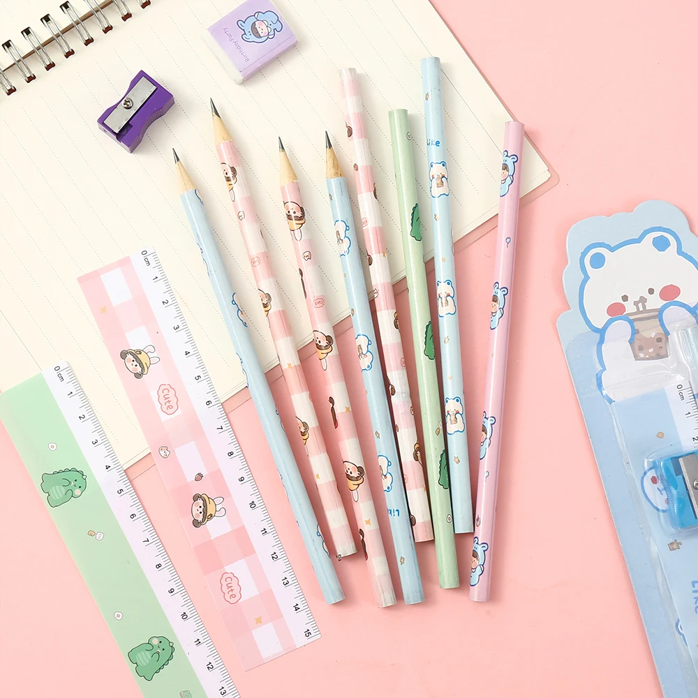 Hot Sale Lovey Stationery Pencil Students Eraser Ruler Sharpener Pencil Set School Rewards Custom