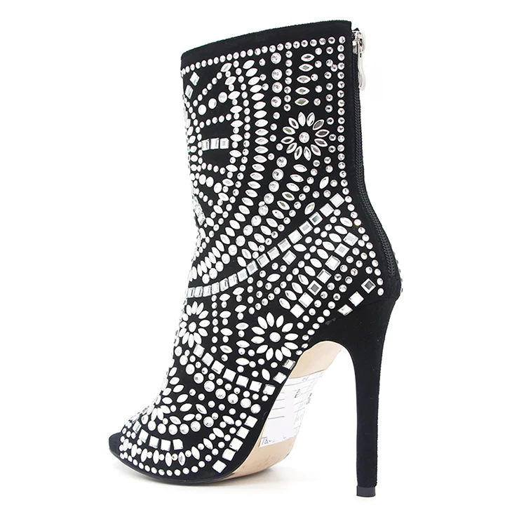 Black patterned diamond-studded ankle boots for ladies Black elegant stylish lady high-heeled ankle boots
