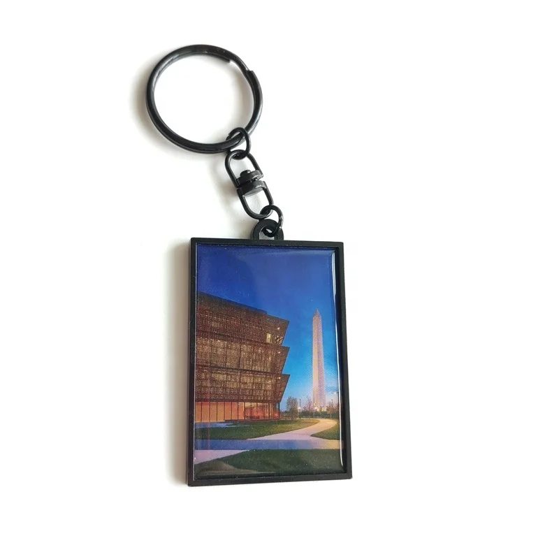 Scenery photo printed rectangle shape black nickel color metal key chain
