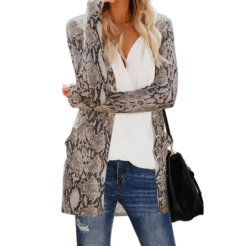 
Wholesale Fashion Knitted Button Down Pocketed Leopard Print Long Sleeve Women Cardigan Sweater 