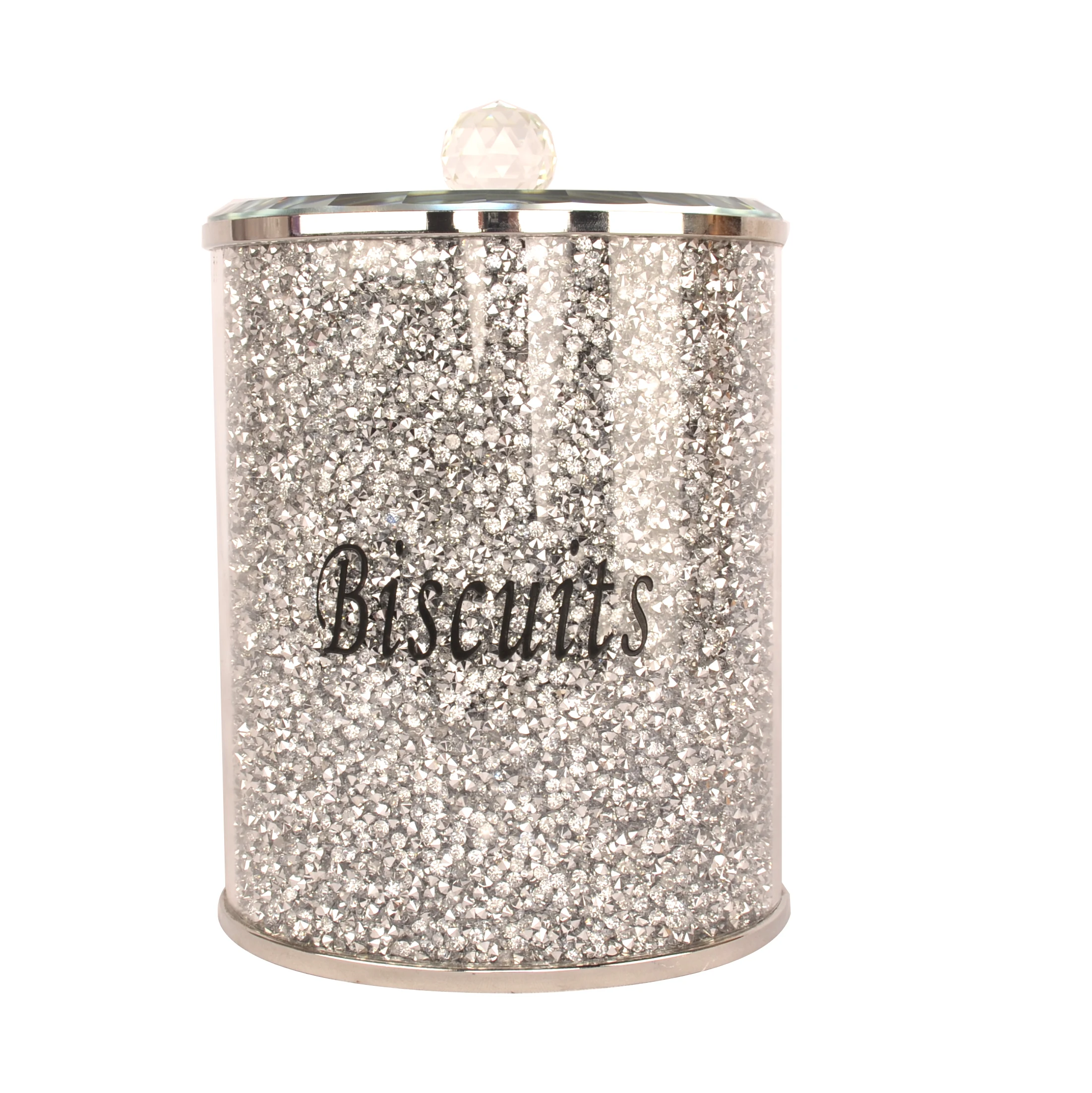 
Silver Trimmings Diamond Crystal Filled Crushed Biscuit Canister Jar Tin Kitchen Storage 