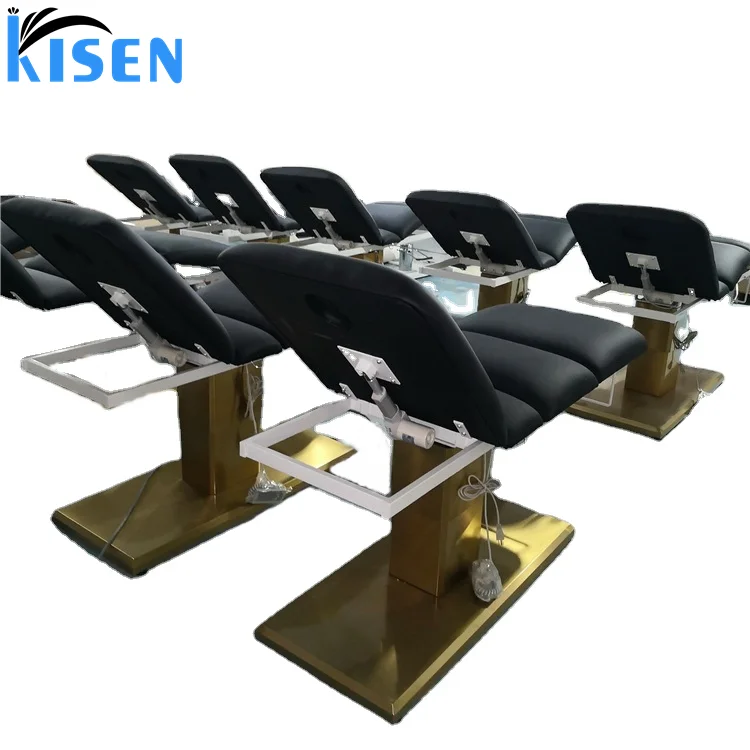 Kisen saloon equipments beauty salon furniture 3 motors massage spa tables hydraulic black electric facial bed with golden base