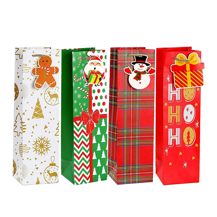 Custom portable wine paper bag packing single bottle carrier bag Christmas wine paper gift bag