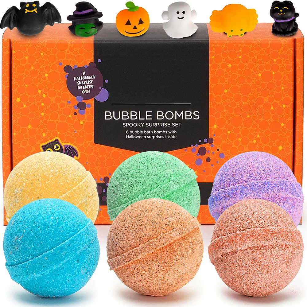 Custom New Halloween Gifts Set Gentle and Kids Safe 6 Kids Surprise Bath Ball Bombs with Spooky Bath Toys