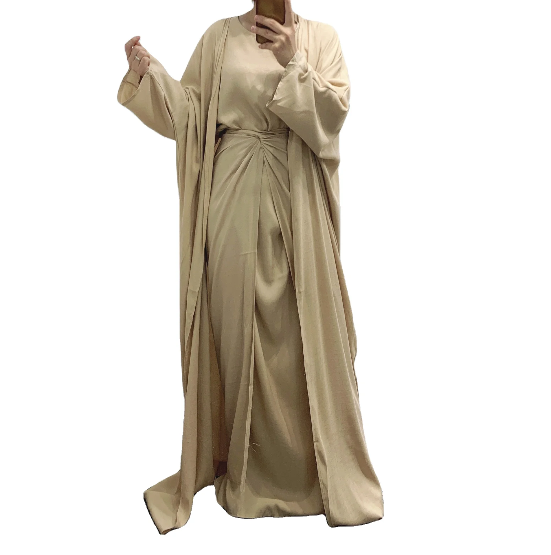 Muslim Solid Color 3pcs Three-piece Set Abaya Long Sleeve Kimono Open Linen Muslim Dress (without Hijab)