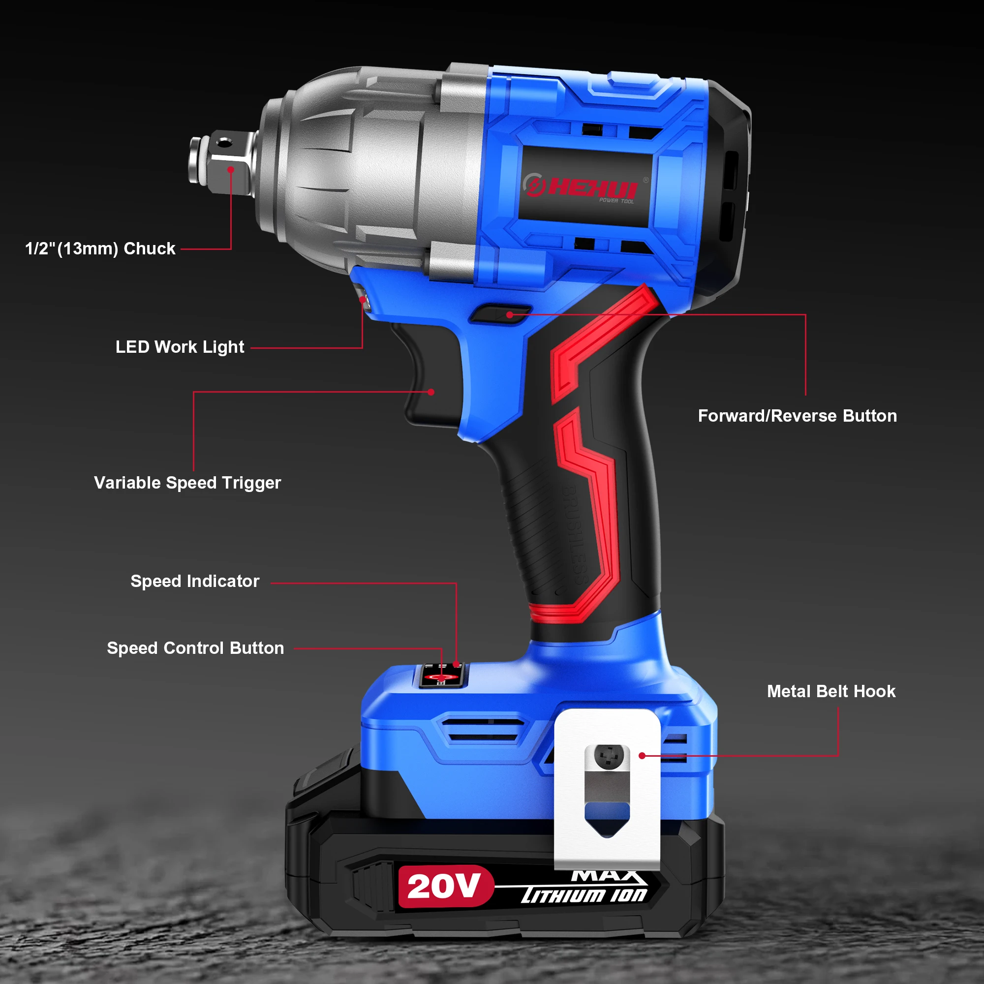Hehui 20V 2.0Ah Battery Rechargeable Torque Industry Brushless High Torque 500N.M Electric Impact Wrench