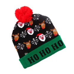 Manufacturer Fancy New Year Winter Festival Xmas Party Supplies Pompom LED Light Up Knitted Beanies Christmas Hat for Kids