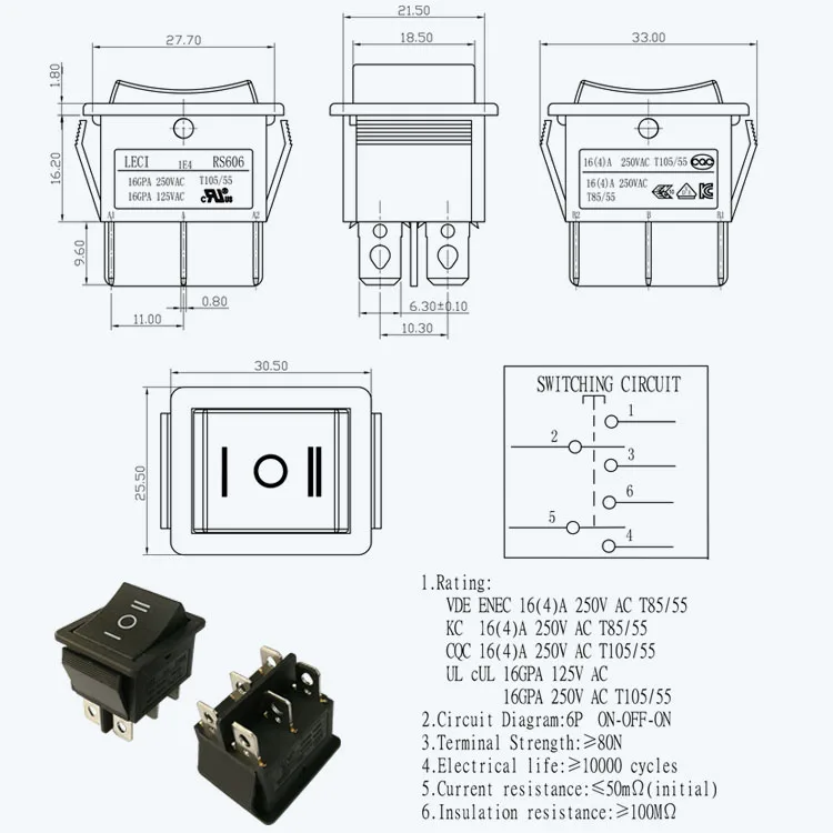 kcd4 dpdt 3 pole 12v 24v 6 pin center off rocker switch