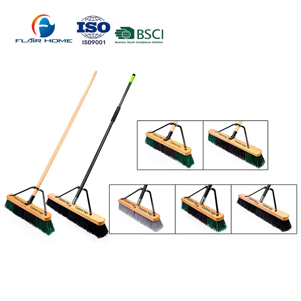 Factory 18 inches 24 inches 30 inches heavy duty industry outdoor usage big plastic wood handle brush wide floor push brooms