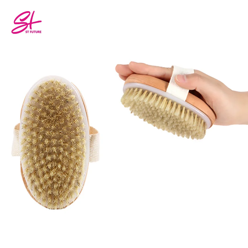 Wholesale Custom Logo Wood Handle Natural Boar Bristle Dry Skin Body Bath Brush With Hand Band