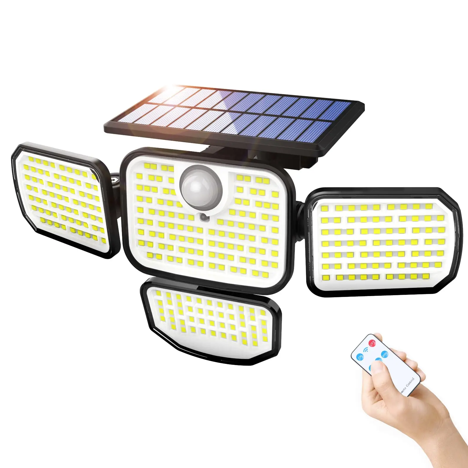 Solar Lights Outdoor Motion Sensor Solar Security Lights with Remote Control IP65 Waterproof 4 Heads Solar Flo