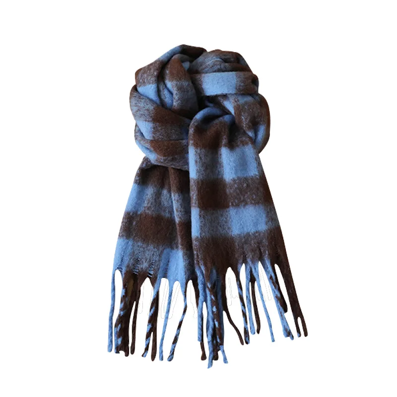 Blue scarf female winter senior sense Korean version of all students mohair checkered bib cape