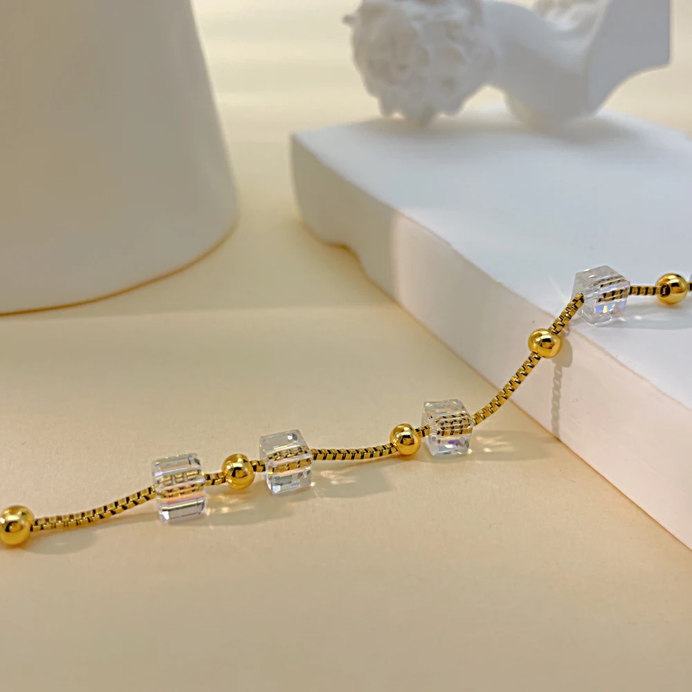 Fashion Square Crystal Charm Stainless Steel Stainless Steel Crystal Beads Heart Adjustable Chain Bracelet