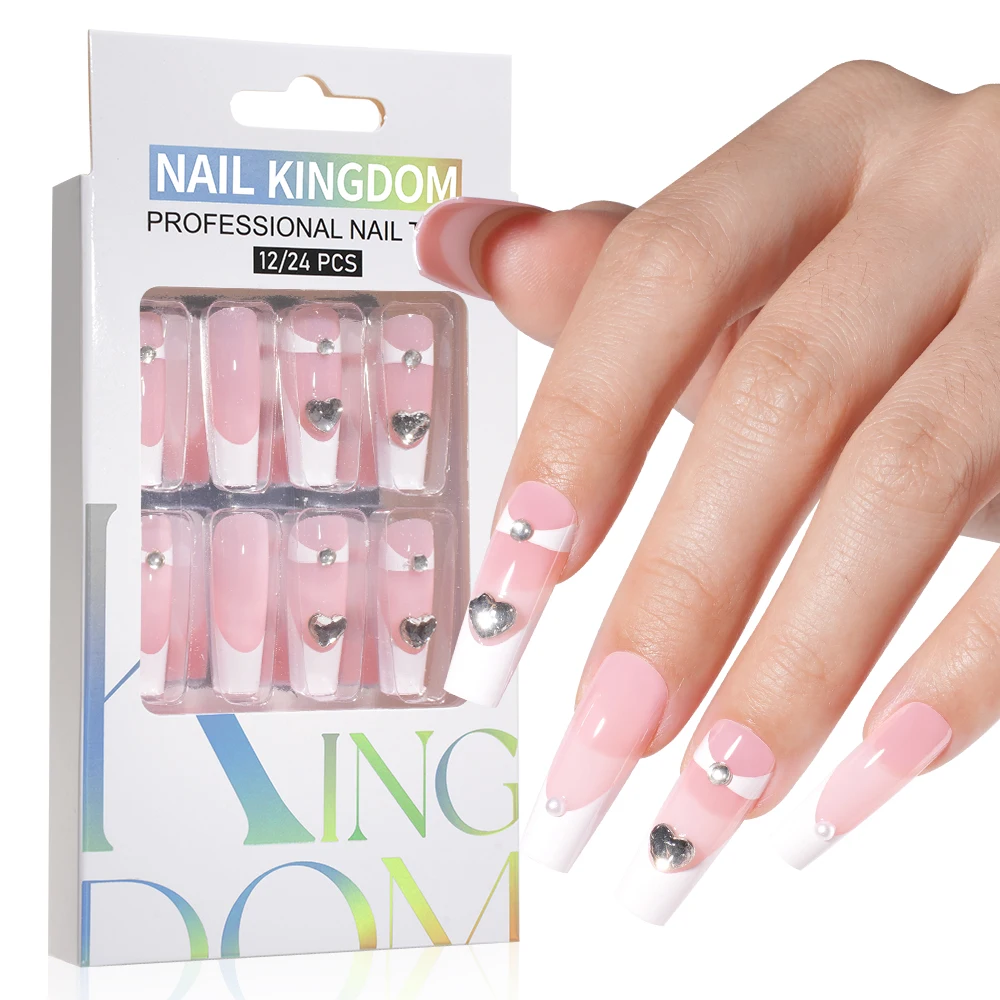 Lowest price 24pcs Custom 3D Artificial Fingernails Designer Long Nail Extension Luxury French Press On Nails with Rhinestone