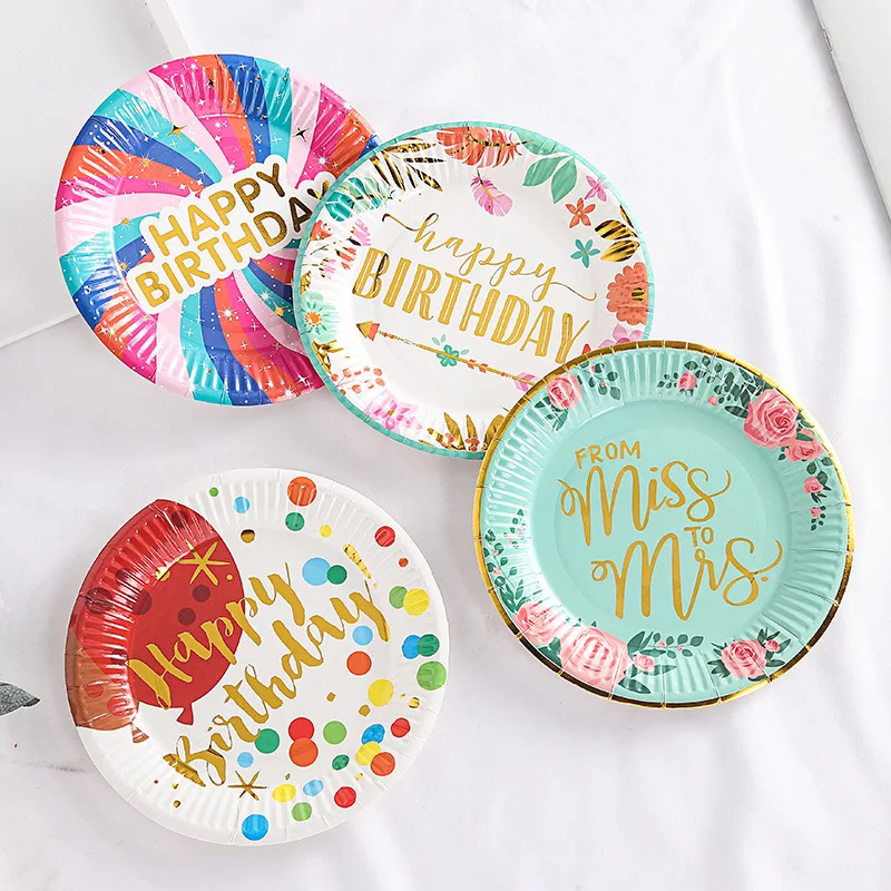 New 7-inch color paper plate printed hot stamping happy birthday party supplies disposable paper plate color food tray