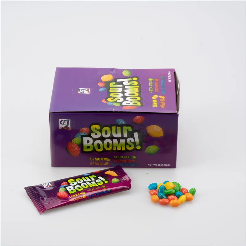 Vegan party import sweets patch and sour kids bulk real juice sour bombs candies factory halal wholesale jelly fruit chew candy