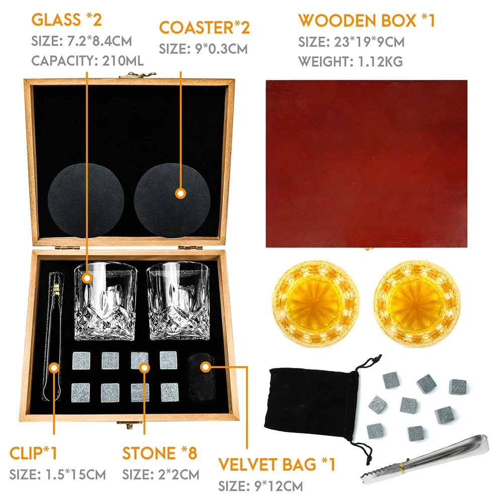 Hot Selling Bar Accessories Cooling Chilling Ice Cubes Whiskey Stones Gift Set With 2 Whiskey Glass And Velvet Bag
