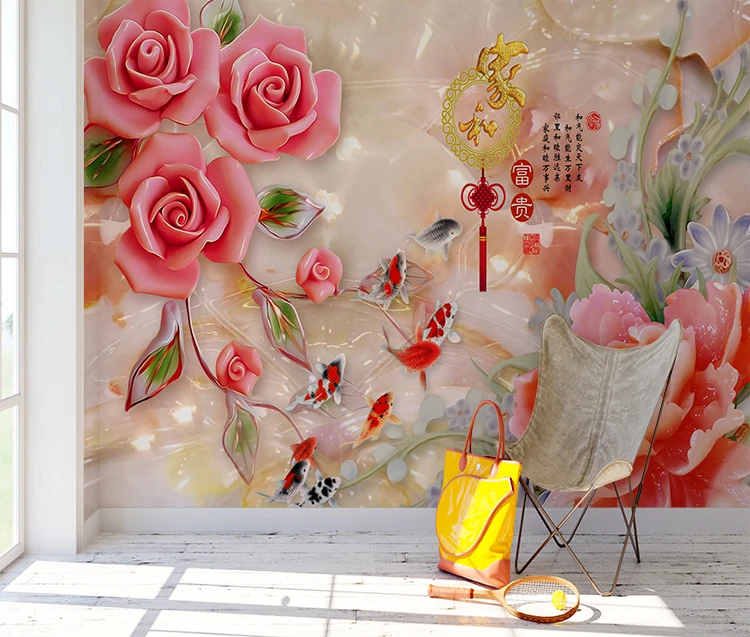 Custom Chinese Style Jade Carving  Wall Mural Peony Pink Rose 3d Wallpaper For Home Decoration