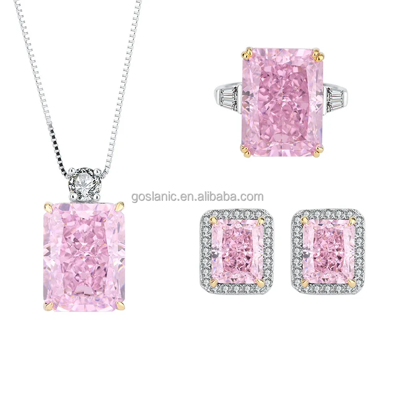 S925 Sterling Silver Radiant Cut Pink High Carbon Diamond Wedding Ring Necklace Earring Set Wholesalers Women Silver Jewellery