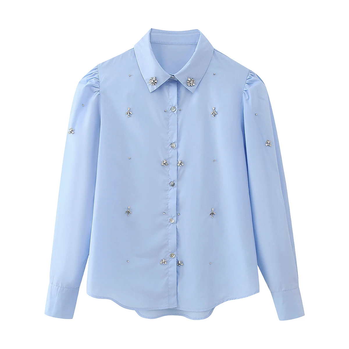 Turn down collar light blue color beading long sleeve casual fashion tops blouse for women