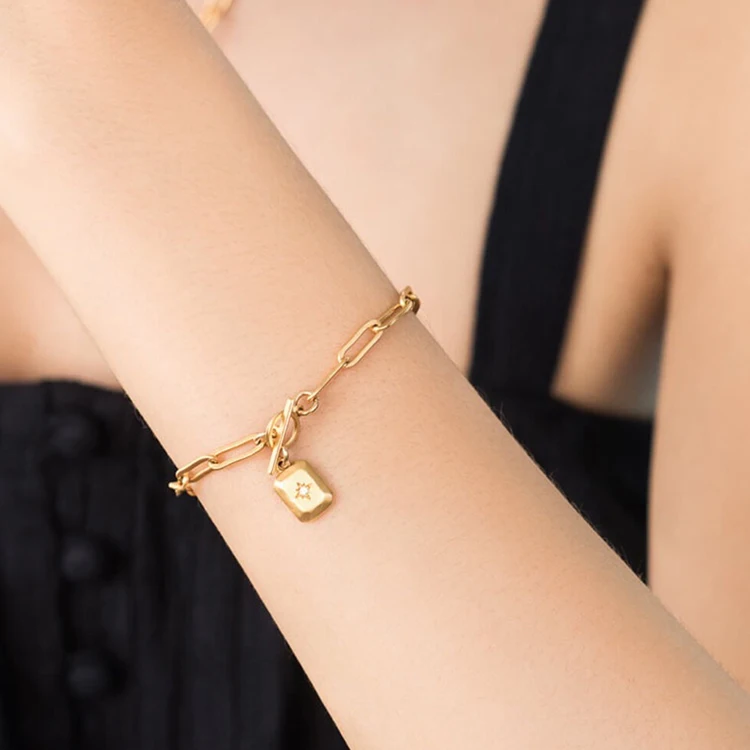 18K Gold Plated Stainless Steel Paperclip Chain Star Pendant Diamond Necklace Bracelet Women