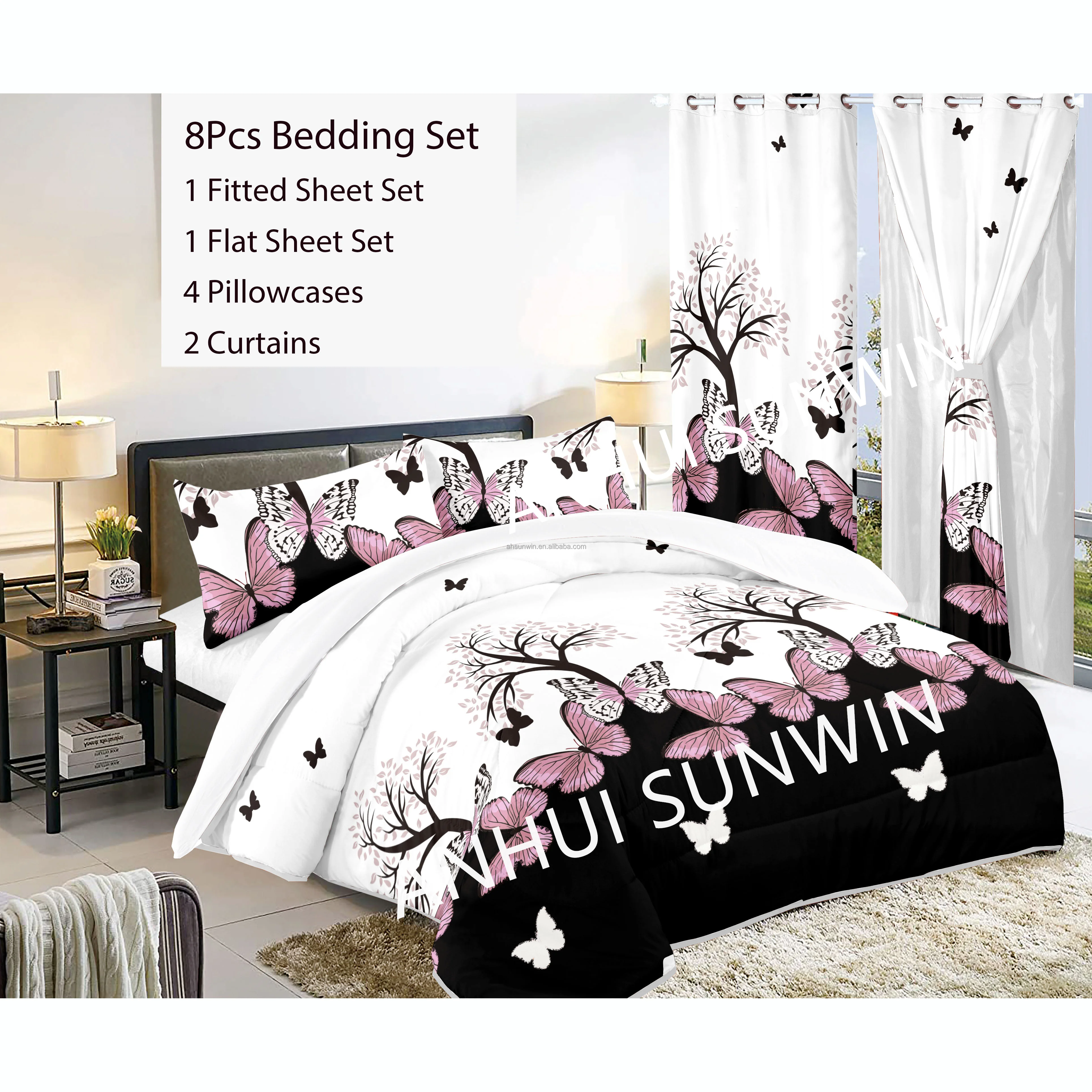 Curtain Bedding Set Nantong Factory 8Pcs Bedsheet With Matching Curtains King Cal King Size For Sales