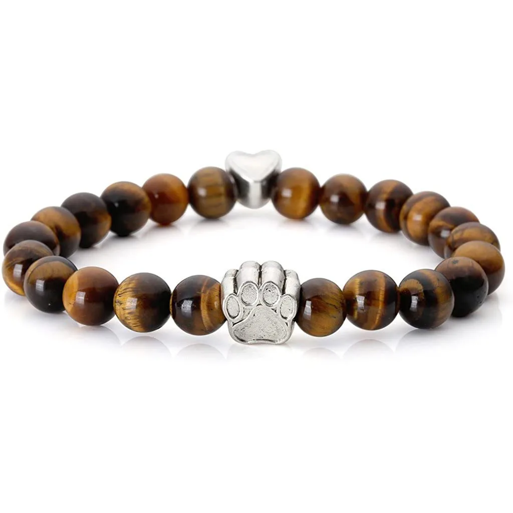 Custom Handmade Dog Paw Print Bracelet for men 8mm natural Tiger Eye Beads Paw Bracelet